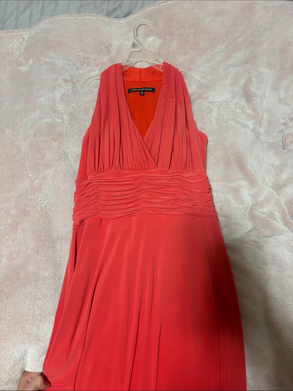 Coral V-Neck Pleated Waist Maxi Dress